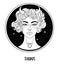 Illustration of Taurus astrological sign as a beautiful girl. Zodiac vector drawing isolated in black and white. Future telling,