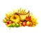 Illustration of a Thanksgiving cornucopia full of harvest fruits and vegetables. Fall greeting design. Autumn harvest