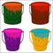 Illustration on theme big colored set different types plastic buckets