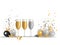 Illustration of three champagne glasses, balloons serpentine confetti on white background.New Year\\\'s Eve background, banner