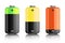 Illustration of three colored batteries