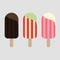 An illustration of three ice creams with different flavors.