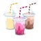 Illustration of three milkshakes. Multicolored, cold drinks