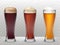 illustration three tall glasses with a different beer isolated on a transparent background