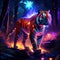 Illustration of a tiger in the dark forest with a bright lightning. generative AI