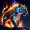 Illustration of a tiger in a fire with flames on a dark background Generative AI