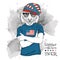 Illustration of tiger hipster dressed up in the glasses and in the t-shirt with print of USA flag. Vector illustration.
