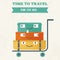 Illustration of time to travel. Cute cartoon suitcases on a trolley