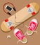Illustration with a top view on a skateboard, drink, mobile phone and headphones in a flat style.