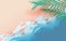 Illustration of top view Tropical leaf and sea waves on the beach. Summertime season background with seacoast.Creative design