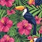 Illustration of Toucans with Tropical Flora on Dark Backdrop