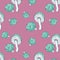 Illustration toxic mushrooms with blue cap on pink background