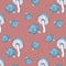 Illustration toxic mushrooms with blue cap on pink background