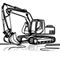 An illustration of a tracked excavator featuring a long-arm and bucket, presented in a monochrome sketch.