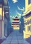 Illustration of a Traditional Asian Road Leading to a Serene Snow-Covered Temple