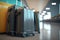 Illustration of traveler equipment Suitcase or luggage at airport terminal. Travel concept. AI Generation