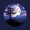 an illustration of a tree in front of a full moon