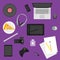Illustration in trendy flat style with objects used in usual life of people on purple background for use in design