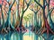 illustration of a tropical forest with a beautiful lake