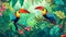 illustration of tropical rainforest with toucans.