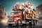 Illustration of truck car full of Christmas presents. delivery car, shipping cargo service