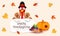 Illustration of turkey bird holding message card of Happy Thanksgiving with vegetable grain fruit and autumn leaves.