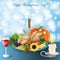 Illustration of turkey, fruits and wine in Thanksgiving dinner