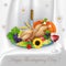 Illustration of turkey, fruits and wine in Thanksgiving dinner