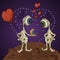 Illustration two alien monsters stand on a planet and one gives another a gift box with a heart for Valentines day