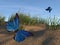 Illustration of two blue and black butterflies meeting over a sand dune in the late afternoon light