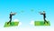 Illustration of two businessmen using banknotes launchers in the sky. flat vector characters with solid colors. surfing with money