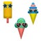 Illustration of two cartoon icecreams and another cartoon ice pop wearing sunglasses