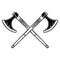 Illustration of two crossed viking axe in engraving style. Design element for logo, emblem, sign, poster, card, banner.