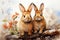 A illustration of two cute brown rabbits leaning on wooden sticks looking at the camera with red flowers around it and a