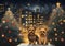 Illustration two dogs around a Christmas tree in the background urban skyscrapers night. Christmas card as a symbol of remembrance