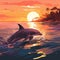 Illustration of two dolphins swimming in sunset