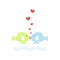 Illustration of two fish kissing and making heart bubbles