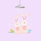 Illustration of two funny bunnies with shower on violet background