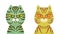 Illustration of two funny hand-drawn cartoon cute cats of green and yellowish tint with striped fur