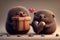 Illustration two funny moles with hearts and gifts Valentine\\\'s Day Wedding Anniversary Mother\\\'s Day