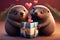 Illustration two funny moles with hearts and gifts Valentine\\\'s Day Wedding Anniversary Mother\\\'s Day