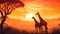 Illustration of Two giraffes standing against a warm and vibrant sunset. Silhouetted savannah landscape, acacia trees in the