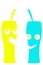 Illustration two glasses with a cocktail with an alcoholic drink and a straw,two colorful glasses with eyes and a smile,emotions,s