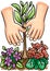 Illustration with two hands planting flowers and a little tree during spring season