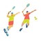 Illustration with two jumping men, doubles badminton game vector