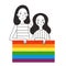 Illustration of two lesbians holding a rainbow flag.