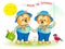 Illustration of two little bears going to school. Printable page for baby book. Cover for kids textbook. Back to school.