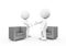 Illustration of two people shaking hands and talking next to grey couches on a white background