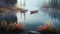 An Illustration of two small boats at the dock in a misty autumn morning, AI-generated image