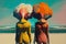 Illustration of two woman on the beach with an explosion of colors instead of head